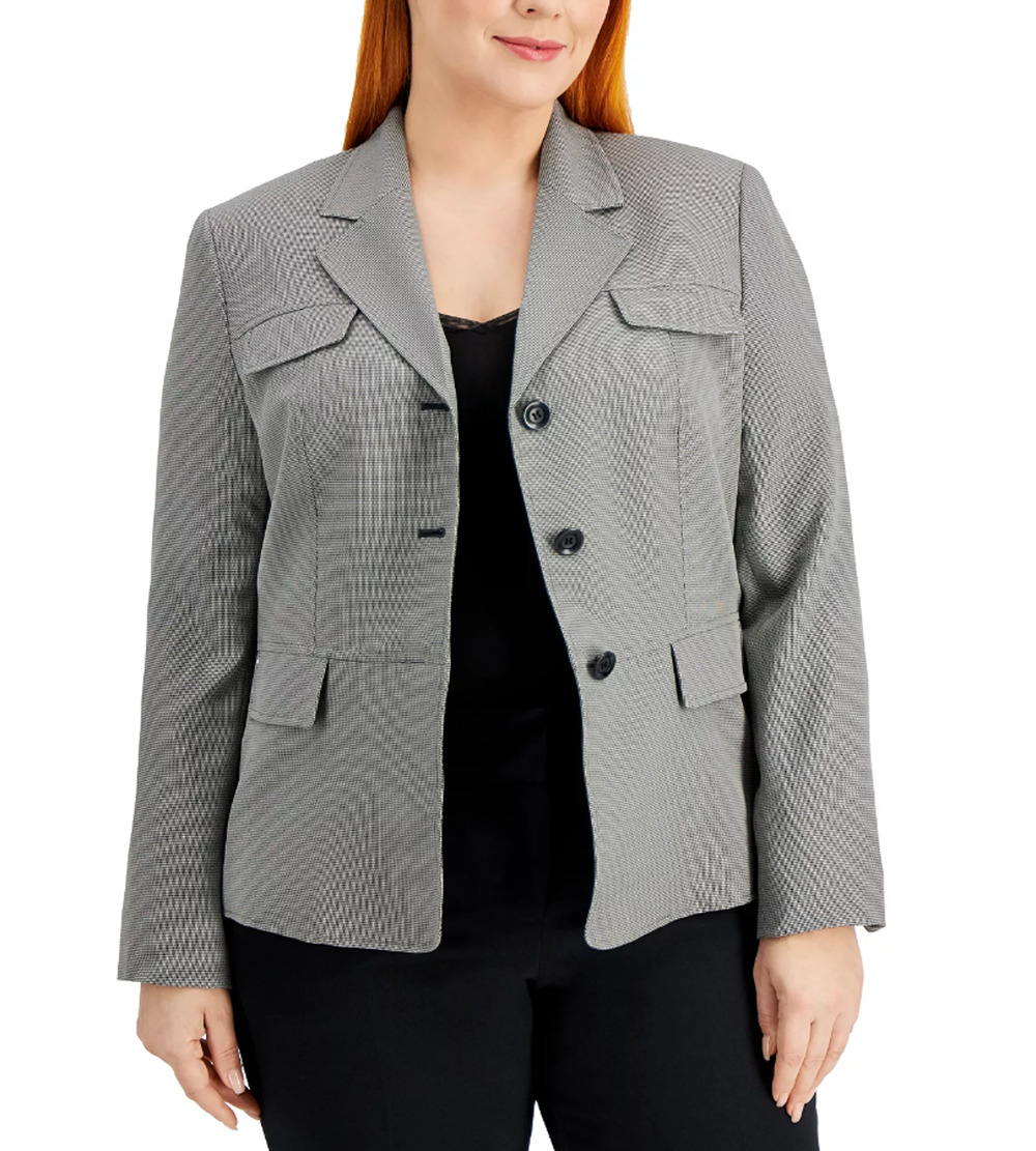 Le Suit Womens Flap-Pocket Contrast Suit Jacket Size 18 Grey Pattern Blazer NWT